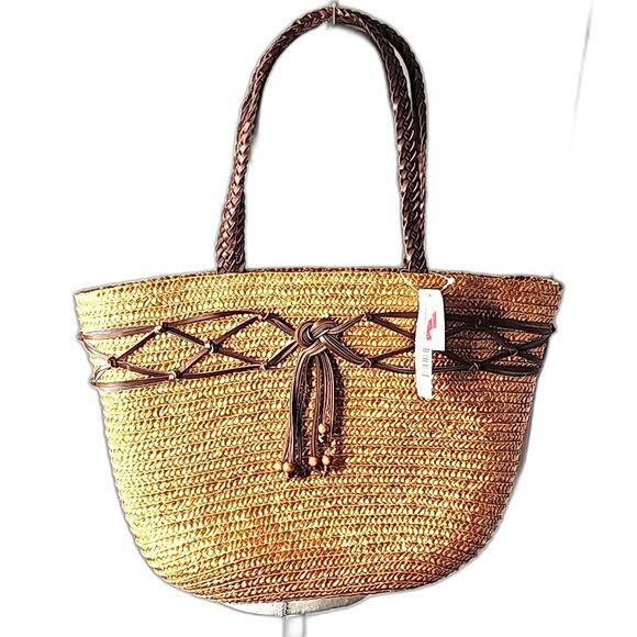 Shoulder Bag 100 Percent Wheat Straw Braided Handles Tan Brown NWT - Picture 1 of 7